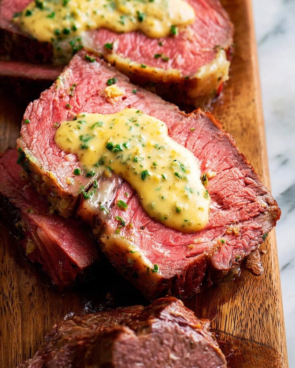 The image shows two thick slices of pinkish-red cooked meat with a slightly brown crust, placed side by side on a wooden board. Each slice is topped with a dollop of creamy yellow sauce mixed with green herbs, melting slightly onto the meat. Below the slices, a darker brown cooked piece of meat is partially visible, showing a seared texture. The background is a white marbled texture. photo taken with an iphone --ar 4:5 --v 7