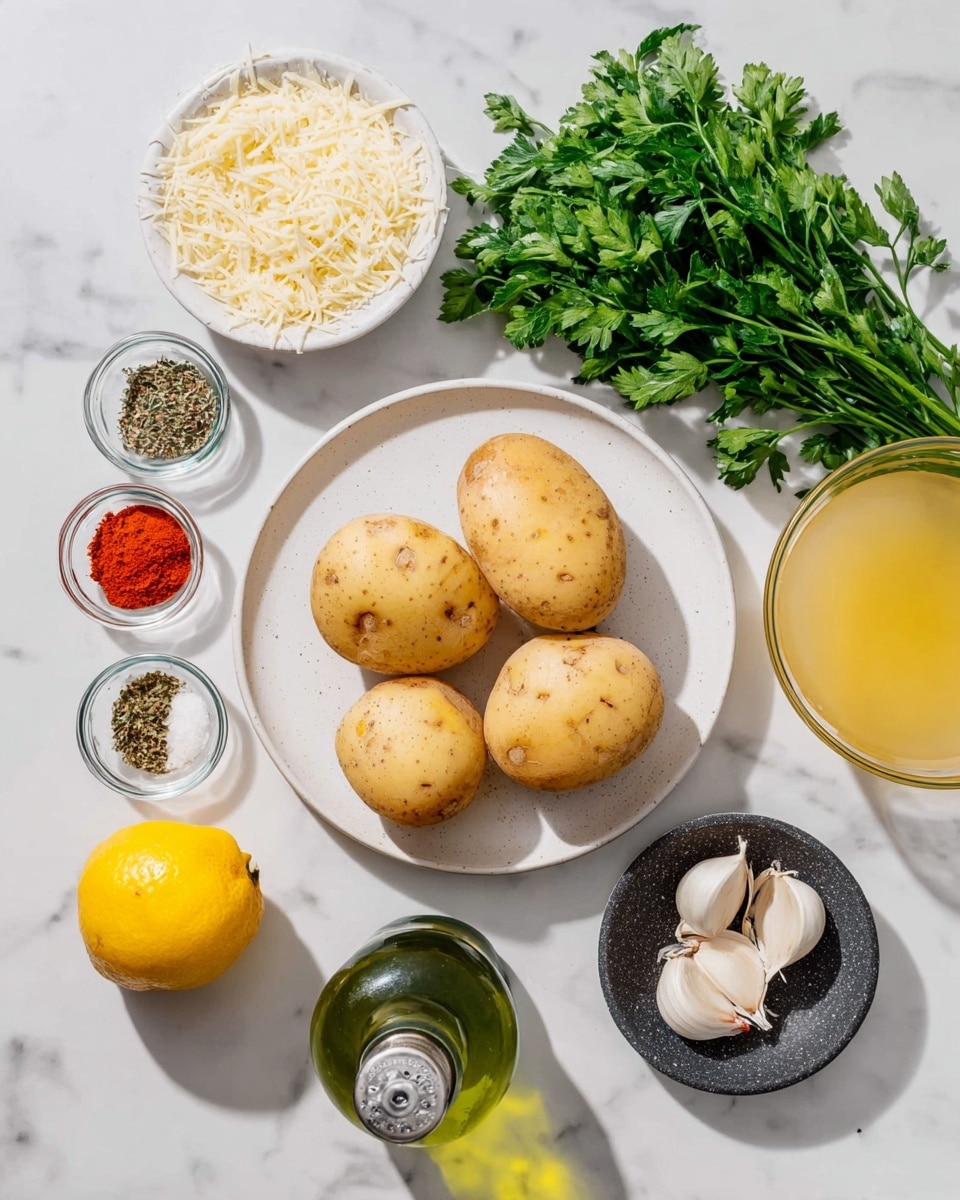 The image shows four light brown potatoes with small spots placed on a white plate in the center on a white marbled surface. To the top right, there is a bunch of fresh green parsley leaves. Below the parsley, a small white bowl is filled with grated Parmesan cheese with a fine texture. On the right side, there is a glass bowl holding light yellow chicken broth. Near the bottom right, a small dark stone bowl contains several garlic cloves. At the bottom left, a whole bright yellow lemon sits next to a green glass bottle of olive oil with a silver spout. On the left side of the plate, six glass bowls hold different spices and dried herbs: black pepper with salt, bright red paprika, dried oregano, and thyme. The light source casts soft shadows, and the whole scene rests on a flat white marbled background. photo taken with an iphone --ar 4:5 --v 7