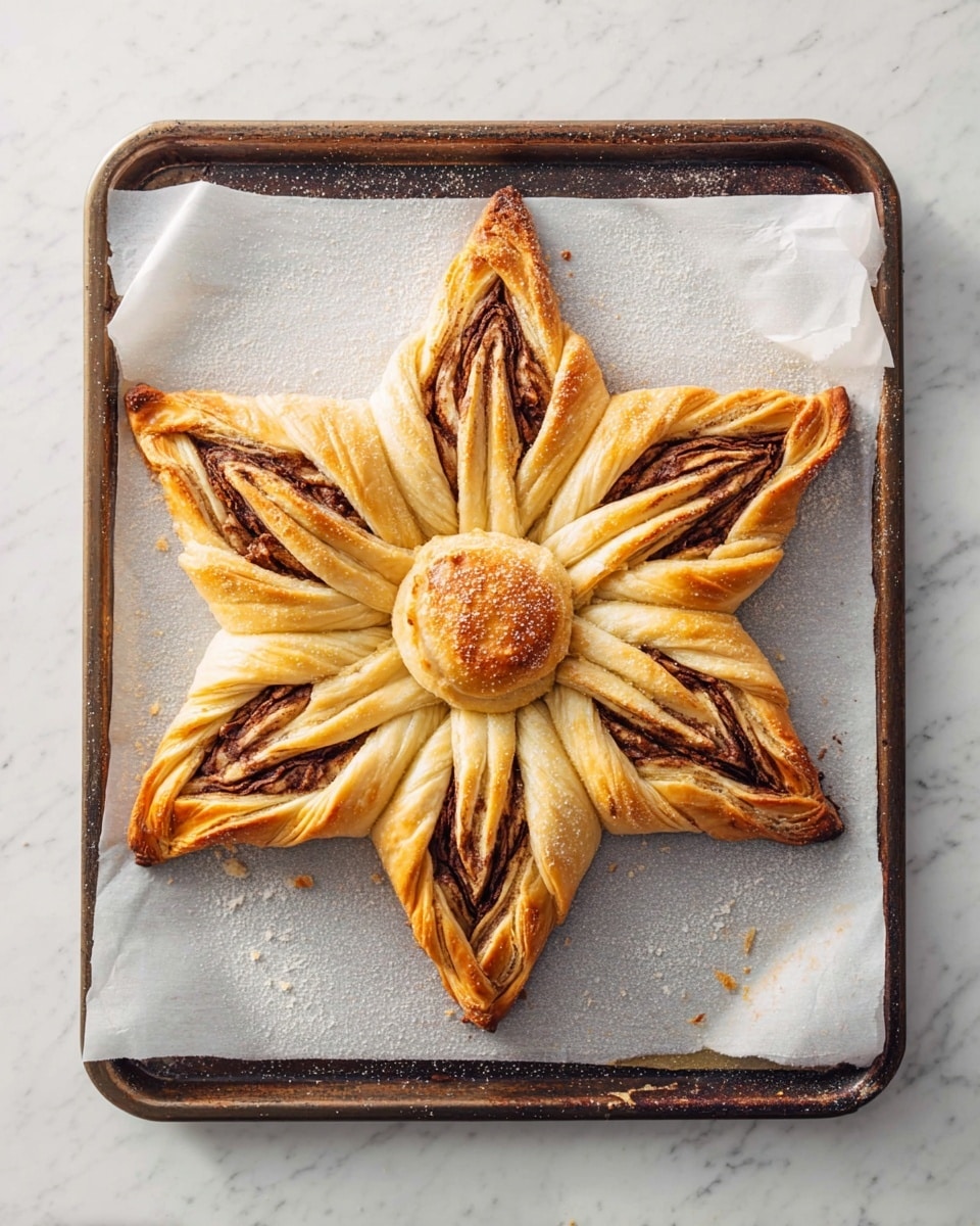 The image shows a star-shaped pastry with 9 twisted points placed on white parchment paper on a dark baking tray. Each point is made of wrapped layers of light golden brown dough with dark cinnamon or chocolate-like filling visible in between the folds, creating a striped pattern. The center of the pastry is a single round piece of dough with a smooth, slightly browned surface. The background is a white marbled texture. photo taken with an iphone --ar 4:5 --v 7