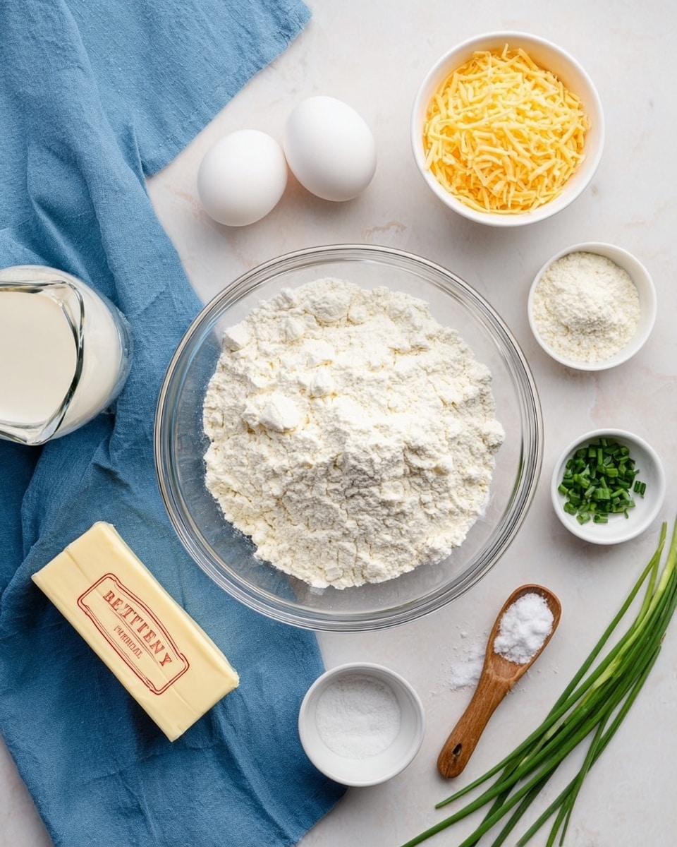 A clear glass bowl centered on a white marbled surface holds a heap of white flour with small clumps and a powdery texture. Below the bowl is a stick of pale yellow butter with red text. Two white eggs rest on a smooth blue fabric to the left. Above the flour bowl is a white bowl filled with shredded yellow and white cheese. To the right of the flour bowl, small bowls and a wooden spoon with chopped green chives are arranged neatly: a small white bowl of salt, a white measuring spoon with white powder, and a bunch of green chives lie next to them. A clear glass pitcher filled with cream sits in the top left corner near the blue fabric. Photo taken with an iphone --ar 4:5 --v 7