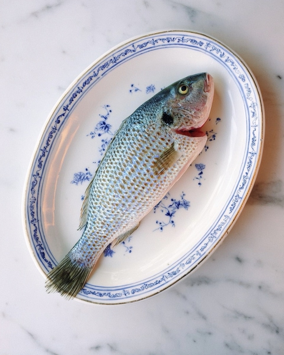 A whole raw fish with silver and blue scales and clear eyes lies in the center of a white oval plate with a blue pattern around the edge. The fish is facing left, showing a slightly pink flesh opening near the top side. The plate rests on a smooth white marbled surface. photo taken with an iphone --ar 4:5 --v 7