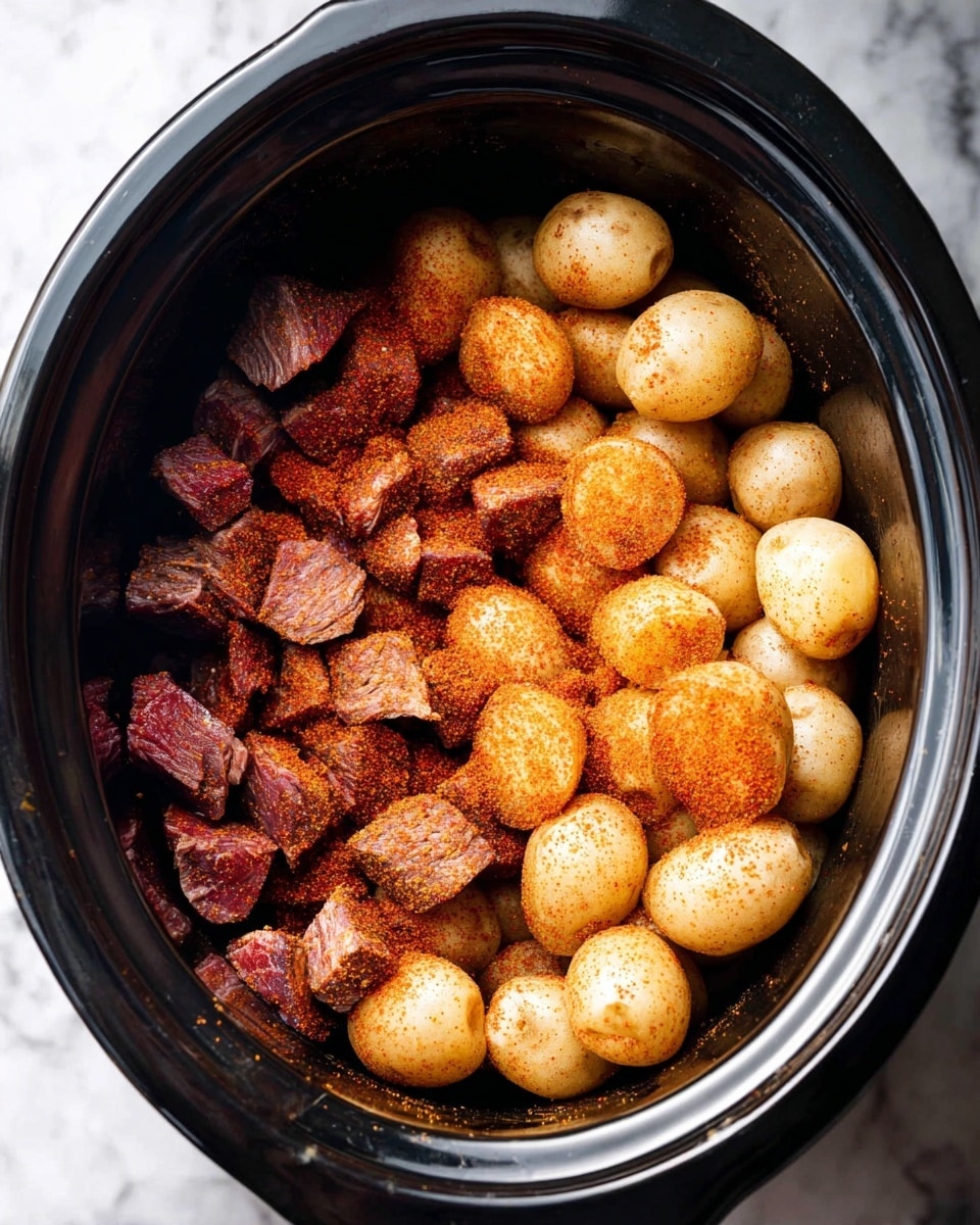 The image shows a black slow cooker filled with two main layers: the bottom layer has small, light brown potatoes with a smooth texture, and the top layer has dark red beef cubes coated with a reddish-brown spice mix. Both layers are sprinkled evenly with light brown and orange seasonings, giving a textured look over the potatoes and beef. The slow cooker sits on a white marbled surface. photo taken with an iphone --ar 4:5 --v 7
