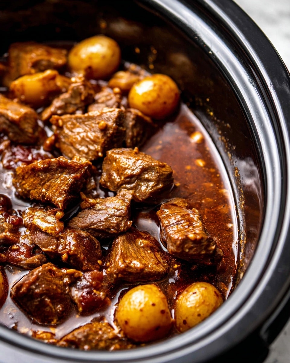 The image shows a close-up of a slow cooker filled with chunks of cooked meat and whole small potatoes. The meat pieces are brown with a slightly crispy texture and are coated in thick, glossy brown gravy that pools around the edges inside the cooker. The potatoes are light brown and surrounded by the rich sauce. The inner edge of the slow cooker is black and visible in a round shape. The surface under the cooker has a white marbled texture. Photo taken with an iphone --ar 4:5 --v 7