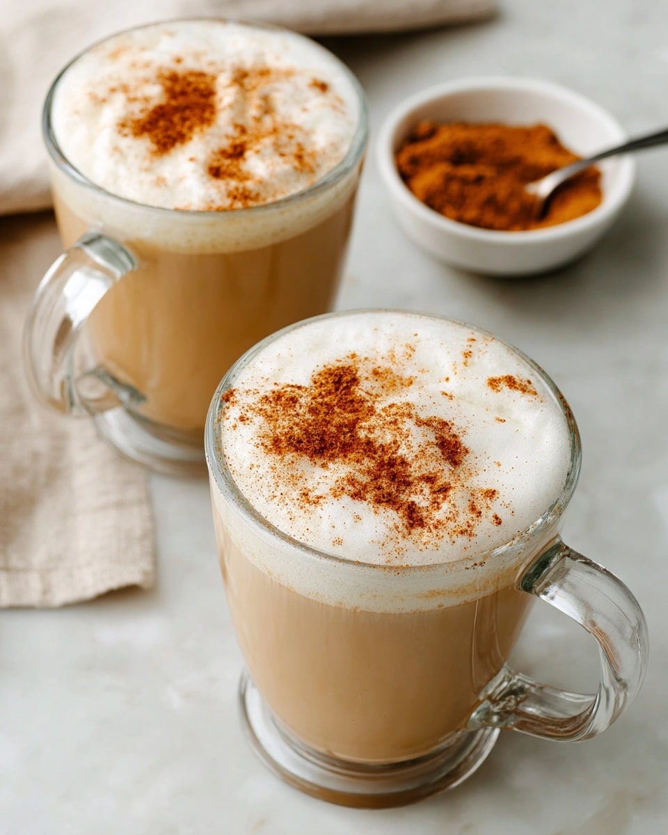 The image shows two clear glass mugs filled with a creamy light brown drink. Each mug has a thick layer of white foam on top, sprinkled with a light dusting of brown cinnamon powder. In the background, there is a small white bowl with a spoon resting in a pile of cinnamon powder. The mugs are placed on a white marbled surface with a neutral cloth slightly visible behind them. photo taken with an iphone --ar 4:5 --v 7