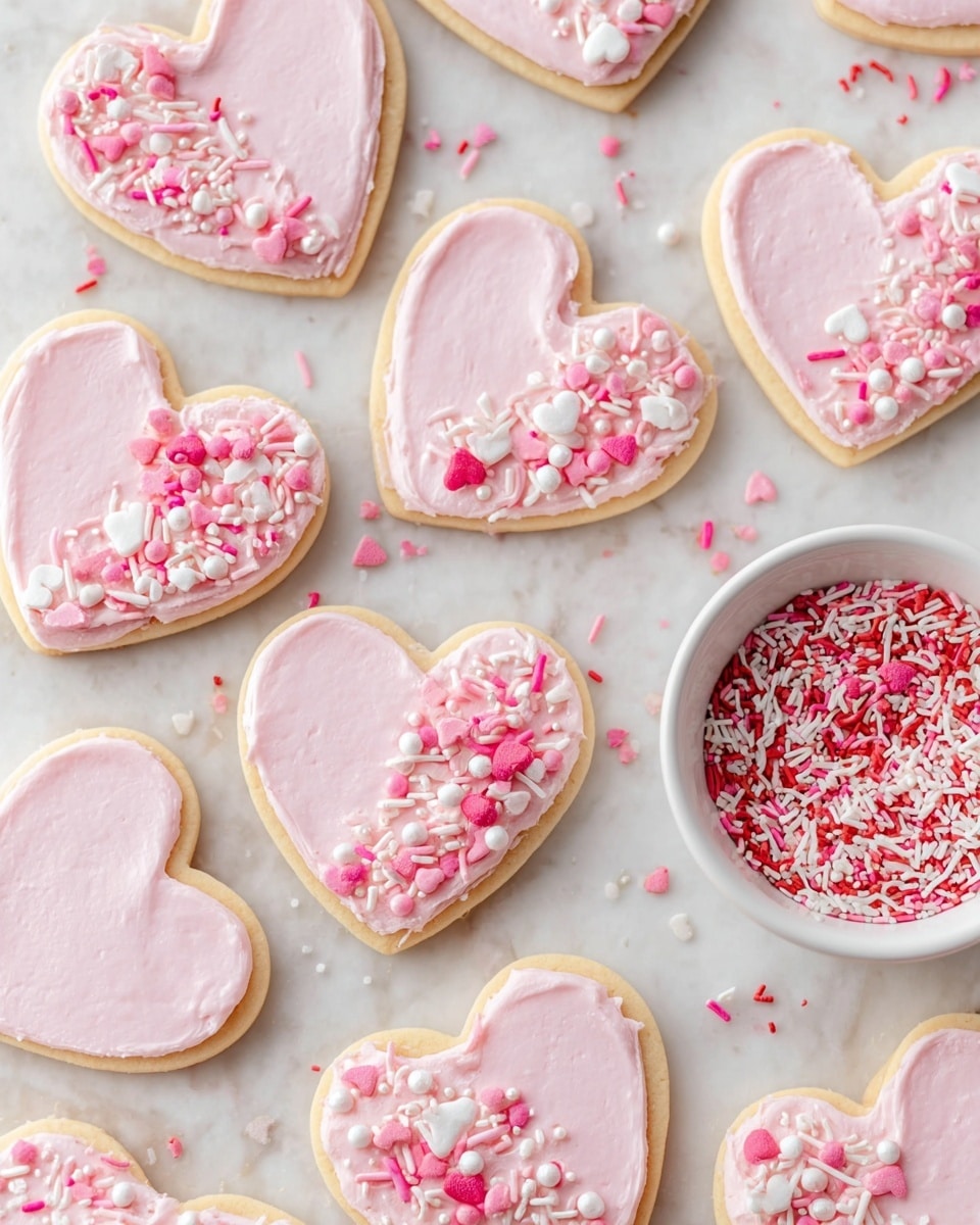 The image shows many heart-shaped cookies spread out on crinkled white paper placed on a white marbled surface. Each cookie has two layers: the base is a golden-brown cookie, topped with a smooth layer of light pink frosting. On one side of the frosting, there is a stripe of pink, white, and red sprinkles in different shapes like small balls, rods, and hearts. To the right, there is a small white bowl filled with the same colored sprinkles. The cookies are in different sizes but arranged closely together. photo taken with an iphone --ar 4:5 --v 7