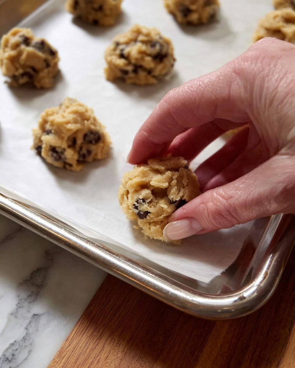 A close-up view shows several small, round, beige cookie dough balls with dark chocolate chips on a baking tray lined with parchment paper. The dough balls have a rough, chunky texture with visible chocolate bits scattered inside. A woman's hand with pale skin and short nails is gently pressing down on one of the dough balls, flattening it slightly. The baking tray is metallic with a shiny edge, resting on a wooden surface, and the background is a white marbled texture. photo taken with an iphone --ar 4:5 --v 7