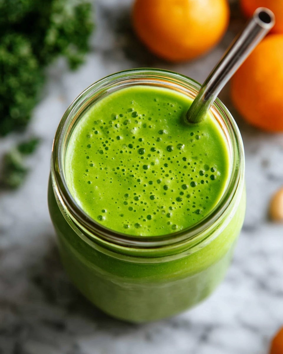 A clear glass jar filled to the top with bright green smoothie that has small bubbles on the surface, giving it a fresh and creamy look. Inside the jar is a thin, shiny silver metal straw placed slightly to the right. The jar sits on a white marbled surface with blurred green and orange fruits in the background. Photo taken with an iphone --ar 4:5 --v 7