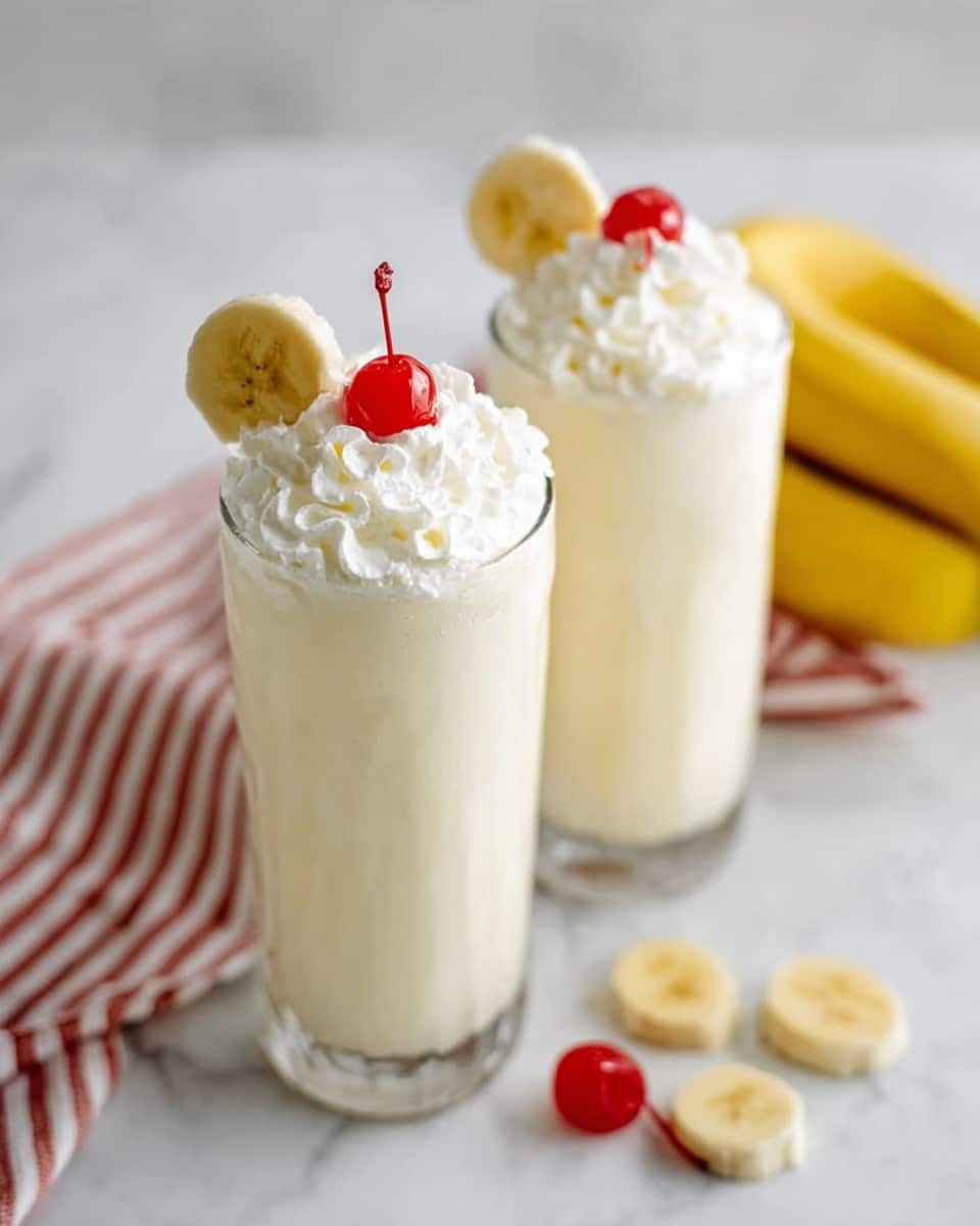 Two tall clear glasses filled with a creamy, light yellow banana milkshake. Each glass is topped with a fluffy white whipped cream swirl, a red cherry placed in the center, and a single banana slice leaning on the whipped cream. Around the glasses, there are scattered banana slices and two whole bananas in the background. A white marbled surface and a striped cloth are visible beneath and behind the glasses. Photo taken with an iphone --ar 4:5 --v 7