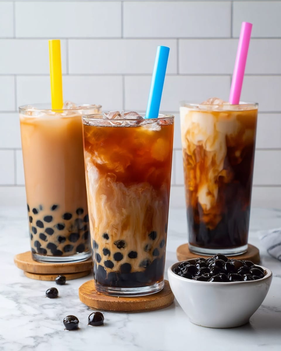 Three tall clear glasses of bubble tea are placed on a white marbled surface with a white tiled background. Each glass has a thick layer of black tapioca pearls at the bottom, dark and shiny. The two glasses on the left and right have a light brown milky tea filling the rest of the glass, and each has a colorful straw – yellow on the left and pink on the right. The middle glass shows swirling layers of dark brown tea mixing with creamy milk with ice cubes visible near the top, and a blue straw. In front of the glasses is a small white bowl filled with more black tapioca pearls. The glasses on the left and right sit on small wooden coaster stacks. photo taken with an iphone --ar 4:5 --v 7