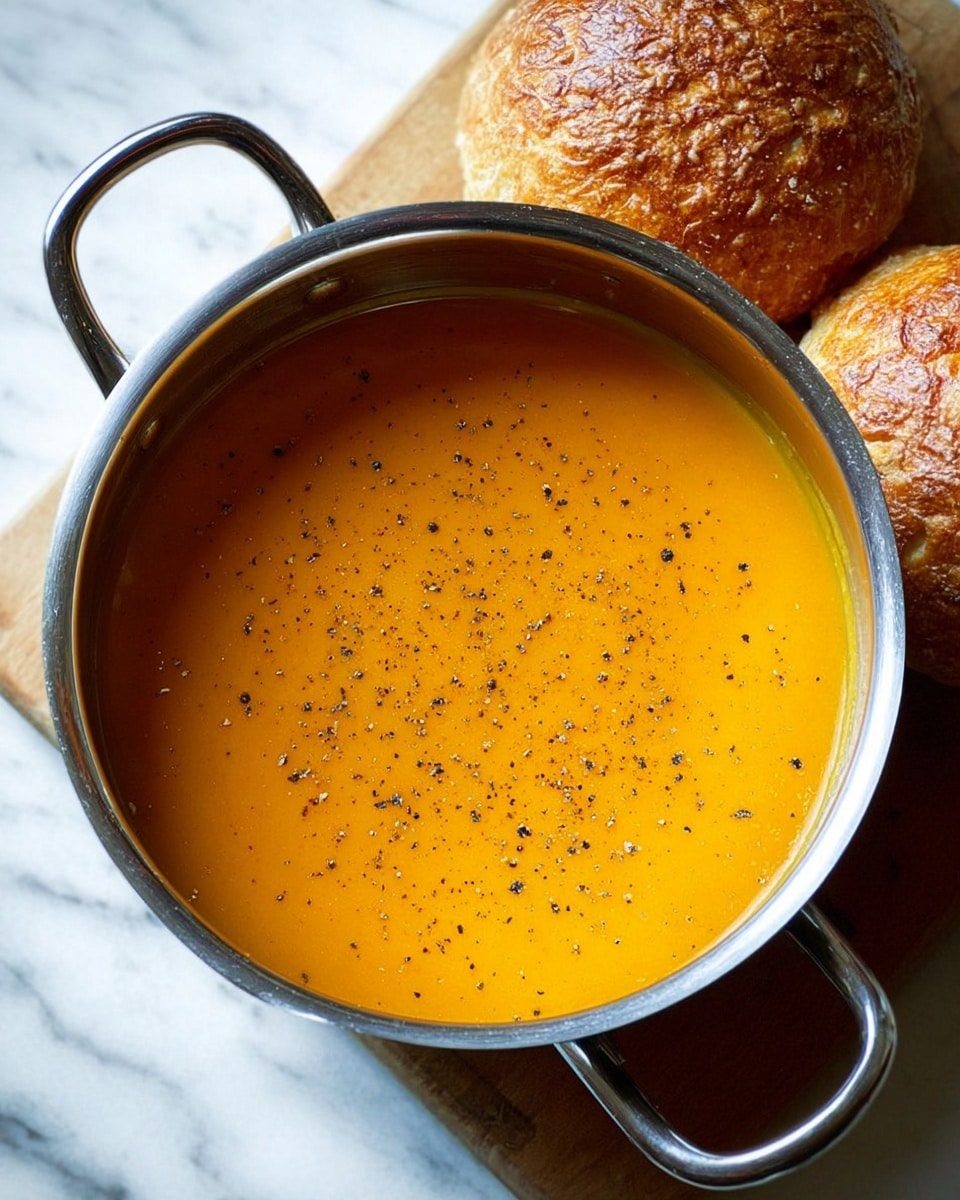 A shiny silver pot filled with smooth orange soup, topped with small black specks of ground pepper evenly spread across the surface. The pot sits on a white marbled surface, and behind it are two round, golden brown bread rolls with a crispy, textured crust. The scene is bright with natural light showing the warm colors of the soup and bread. photo taken with an iphone --ar 4:5 --v 7
