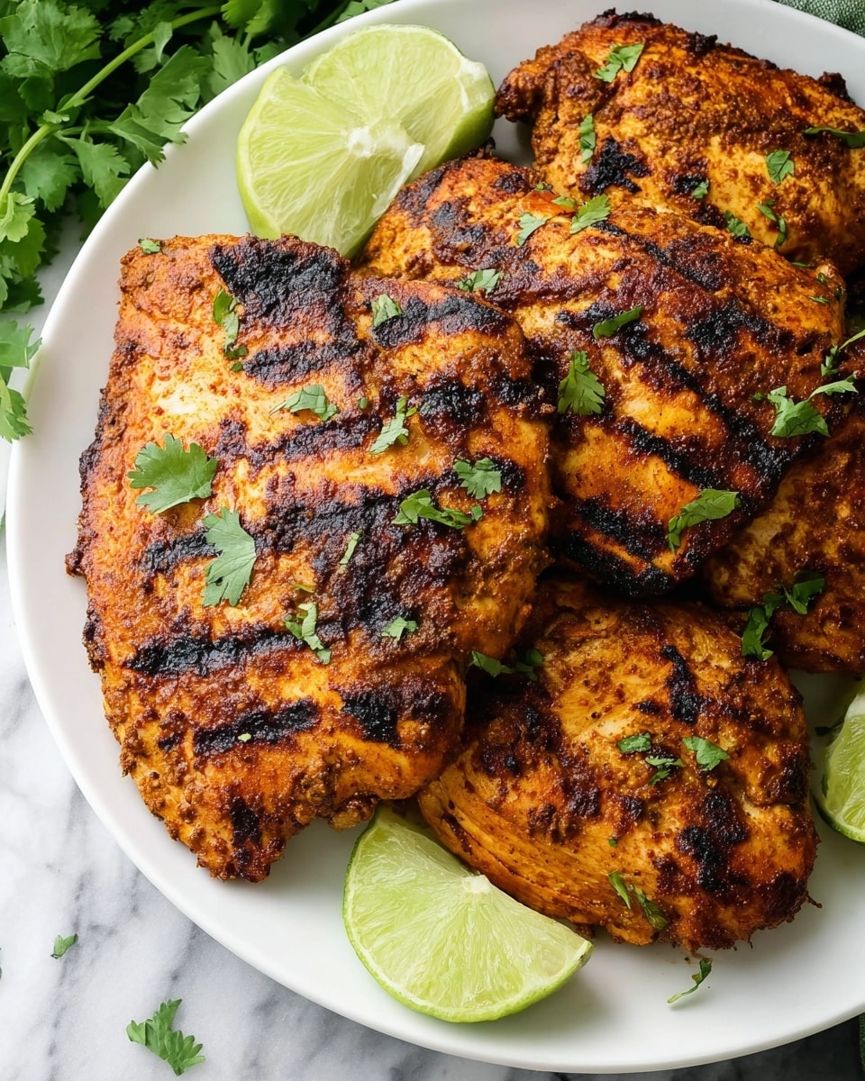A white plate holds five grilled chicken pieces, each with a rich golden-brown color and dark charred grill marks. The chicken pieces have a textured surface from the spices and grilling, appearing juicy and well-cooked. Scattered over the chicken are small fresh green cilantro leaves adding a touch of color. Around the edges of the plate, there are bright green lime wedges, some tucked between the chicken pieces. The plate is set on a white marbled surface with a glimpse of green herbs blurred in the background. photo taken with an iphone --ar 4:5 --v 7