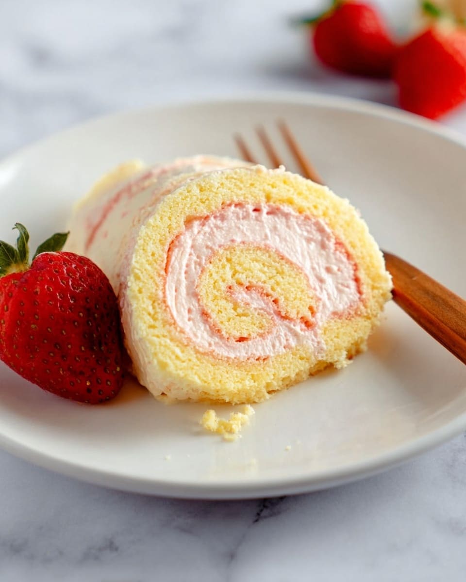 A slice of light yellow sponge roll cake with a thick layer of soft pink cream filling rolled inside, showing a spiral pattern, is placed on a white plate next to a red strawberry with visible seeds. A wooden fork is positioned near the cake on the plate, and the whole scene is set on a white marbled surface. Photo taken with an iphone --ar 4:5 --v 7