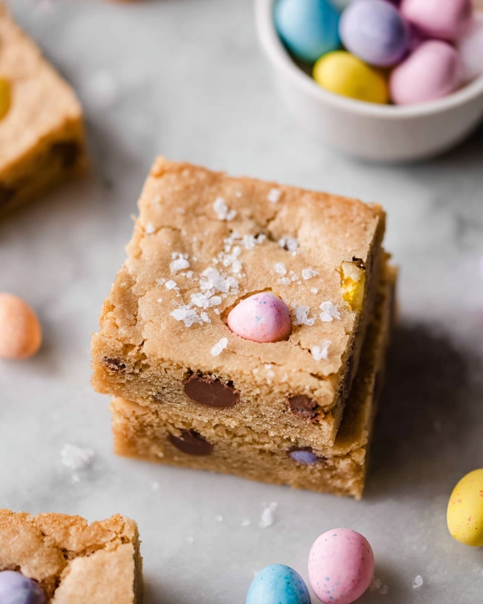 The image shows a stack of two square cookie bars on a white marbled surface. The top cookie bar has a light brown, slightly crumbly texture with chunks of chocolate and pastel-colored candy pieces embedded in it. The cookie bars are thick, with a soft and chewy look. Around the stack, there are scattered pastel-colored candy eggs in blue, yellow, and purple. On the right side, a white bowl holds more of these candy eggs, showing their smooth, matte shells. The scene is bright and softly lit, giving the cookies a warm, inviting feel photo taken with an iphone --ar 4:5 --v 7