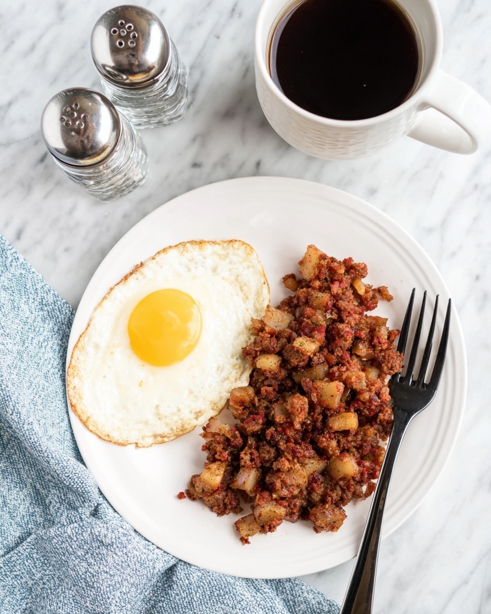 A white round plate holds two main layers: on the left side is a single fried egg with a white edge and a bright yellow yolk in the center, while the right side is filled with a rough-textured mix of browned and reddish bits of cooked meat and potatoes. A black fork rests diagonally on the plate's right edge, its prongs pointing inward toward the food. Above and slightly to the right of the plate sits a white cup filled with black coffee, and to the left of the plate are clear glass salt and pepper shakers with silver tops. The scene is set on a white marbled surface with a blue and white cloth partially visible on the bottom right corner. photo taken with an iphone --ar 4:5 --v 7