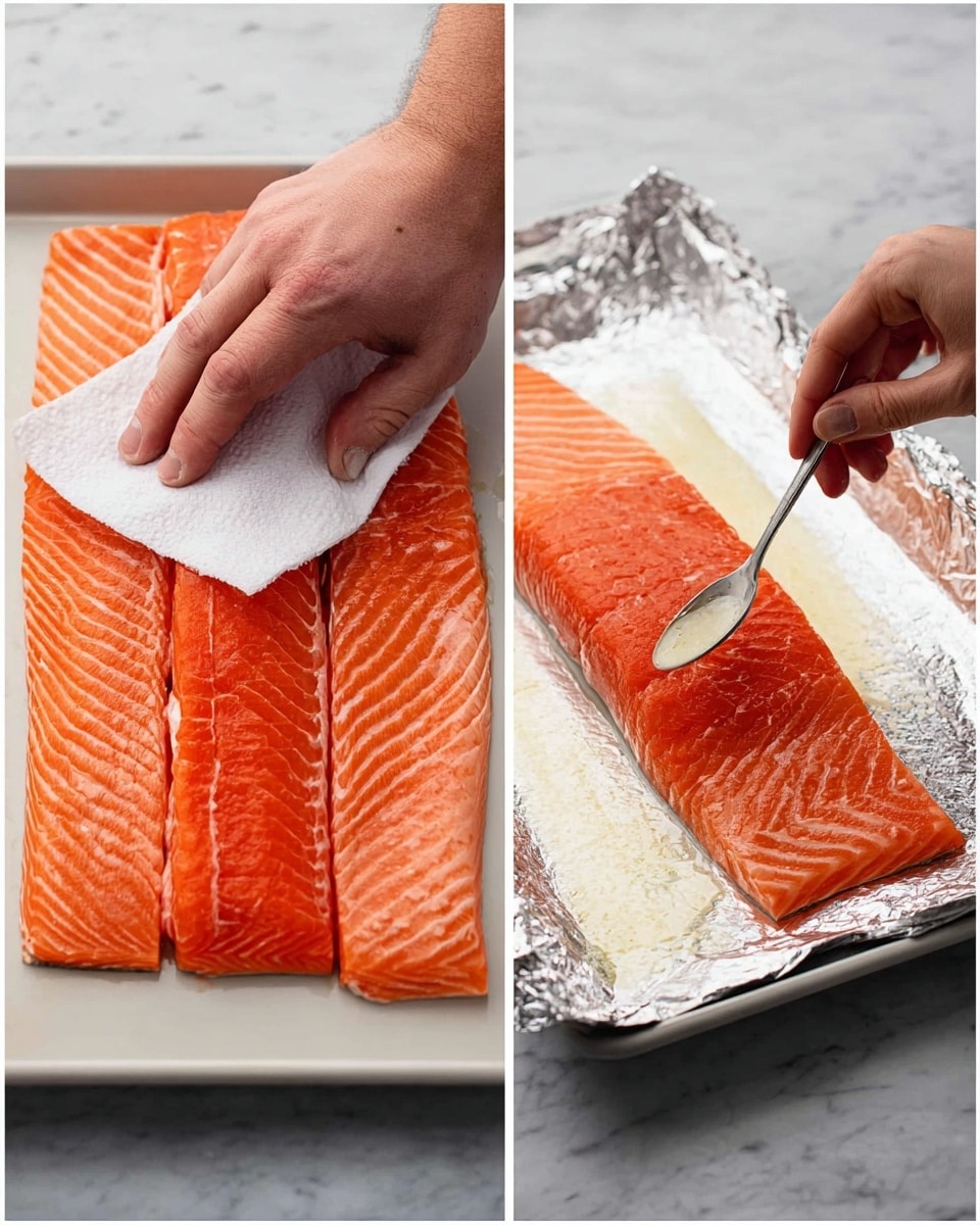 The image shows two close-up views of raw salmon on a white tray and an aluminum foil sheet on a white marbled surface. On the left side, there is a large piece of bright orange salmon with white lines, sliced into sections but still connected, laid flat on the tray, and a man's hand pressing a white paper towel on top. On the right side, the same salmon, now placed on a sheet of aluminum foil, is being brushed with a light-colored sauce or butter using a spoon held by a woman's hand. The background is a white marbled texture, enhancing the fresh look of the salmon. Photo taken with an iphone --ar 4:5 --v 7