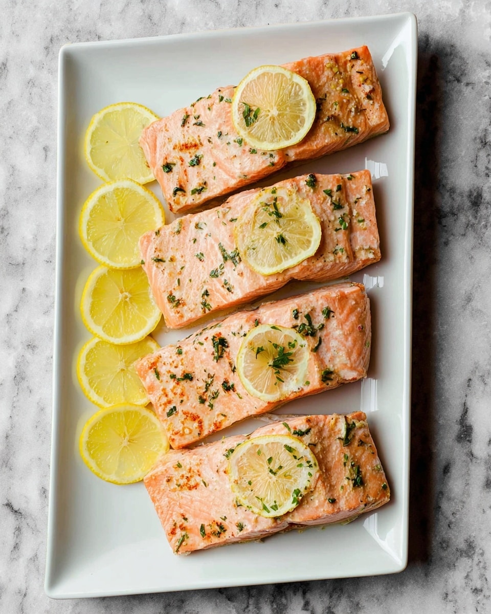 The dish shows a cooked salmon fillet with a pinkish-orange color and a moist texture, placed on a white plate. The salmon is topped with small chopped green herbs and two lemon wedges on top, one on each side near the edges. Next to the salmon, there is a neat pile of fresh green beans, bright and slightly shiny. The plate is on a white marbled surface with a black and white striped cloth partially visible in the front. In the background, part of another white plate with more salmon fillets is slightly blurred. photo taken with an iphone --ar 4:5 --v 7
