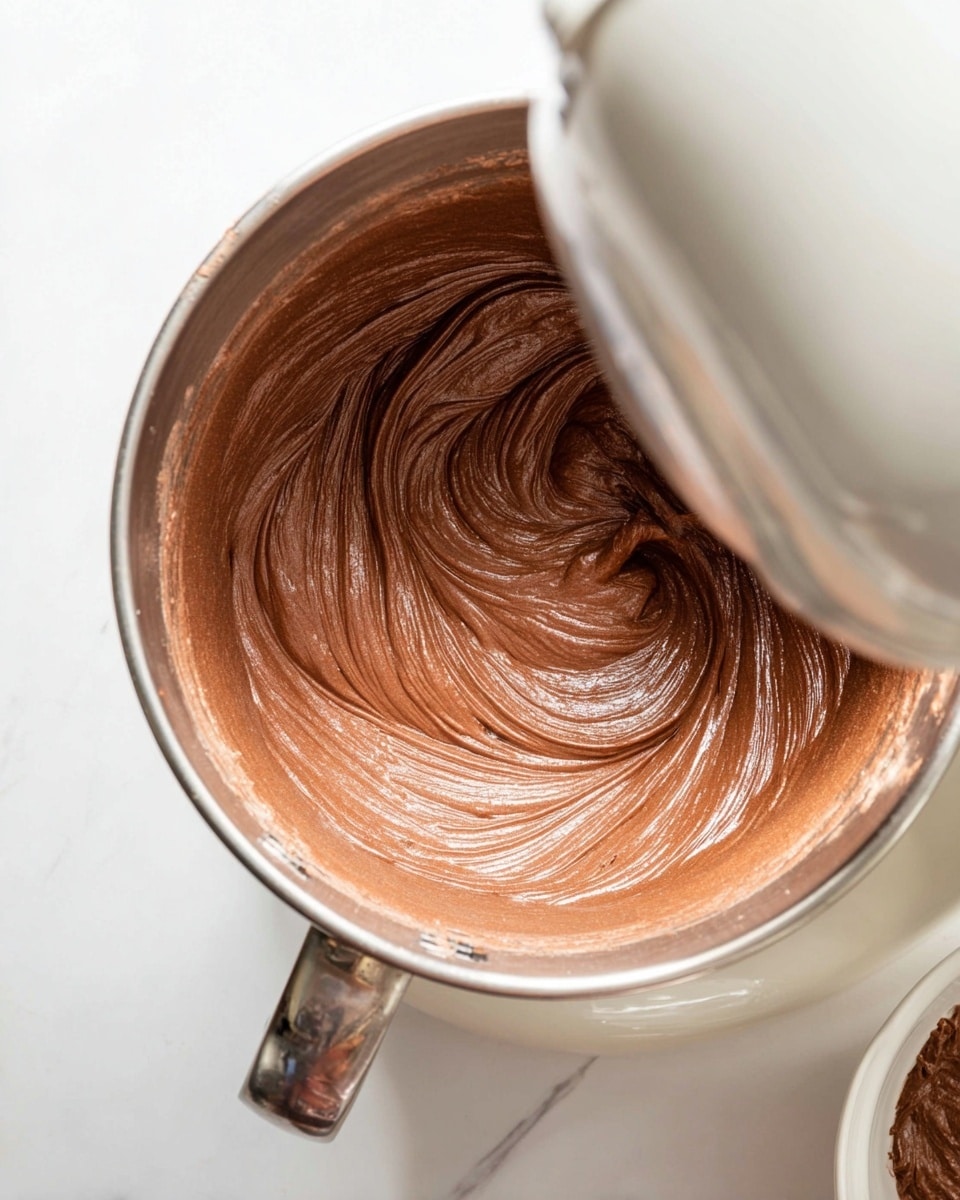 A close-up view inside a mixing bowl shows smooth, thick chocolate batter with a shiny texture being mixed. The batter has deep brown color with visible soft folds and swirls made by the mixing process. The bowl is metallic with a slightly worn handle, placed on a white marbled surface. Part of a white mixer head is visible at the top right, moving over the batter. A white plate sits nearby on the same white marbled background. photo taken with an iphone --ar 4:5 --v 7