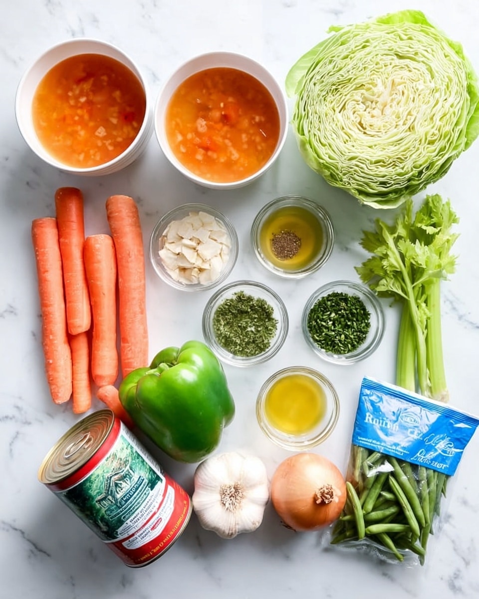The image shows an arrangement of raw ingredients laid out on a white marbled surface. At the top center, there are two white bowls filled with orange-colored broth. To the right side, a half head of green cabbage rests near three light green celery stalks with leaves. On the middle right, small clear glass bowls hold chopped green herbs, lemon juice, olive oil, salt, and spices. On the bottom left, four orange carrots and one green bell pepper are placed diagonally. Next to them are two cans, one containing diced tomatoes and the other tomato sauce. A whole onion and three garlic cloves are positioned near the center. A blue bag of frozen green beans is also seen near the bottom right corner. The shot is clear and bright, showing all the fresh ingredients evenly spaced. Photo taken with an iphone --ar 4:5 --v 7