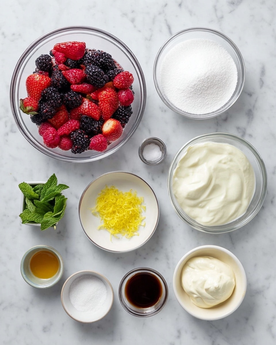The image shows a white marbled surface with ingredients neatly arranged in small transparent and white bowls. There are nine items in total: a large clear bowl filled with mixed red and black berries including strawberries, raspberries, and blackberries; a large clear bowl with white granulated sugar; a large clear bowl with thick white cream; a small clear bowl with bright yellow lemon zest; a small clear bowl with white salt; a small clear bowl with white baking powder; a small clear bowl with dark brown vanilla extract; a small clear bowl with granulated white sugar; and a small white bowl with thick cream cheese. A small white dish holds fresh mint leaves. Photo taken with an iphone --ar 4:5 --v 7