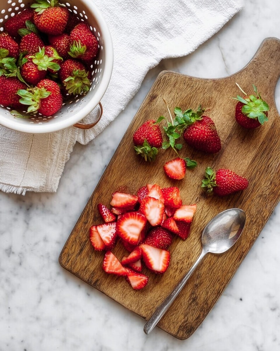 A wooden cutting board sits on a white marbled surface, with fresh red strawberries at different stages of preparation: whole strawberries at the top, strawberry leaves and stems gathered in a small pile near the middle-right, and several sliced strawberry pieces with bright red interiors and visible seeds laid out at the bottom. A silver spoon rests on the right side of the board, with its handle pointing toward the top. In the top left corner, a white colander holds more whole strawberries, placed on a white cloth. Photo taken with an iphone --ar 4:5 --v 7