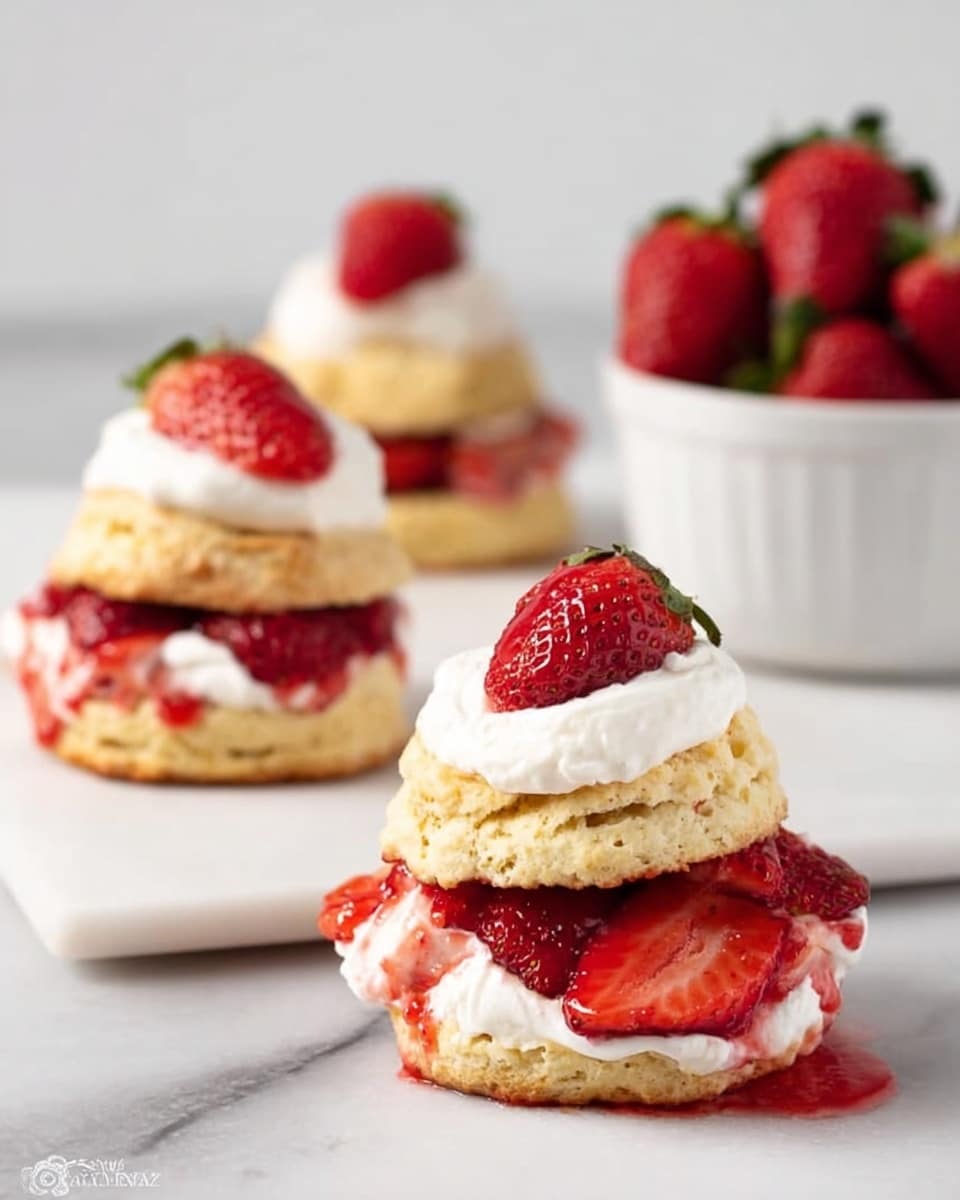 The image shows three strawberry shortcakes placed on a white marbled surface. Each shortcake has two layers of golden-baked biscuit, with the bottom layer holding bright red sliced strawberries and white whipped cream. The strawberries are juicy, and some red syrup spreads slightly on the surface. The top biscuit layer rests over the cream and strawberries, and another dollop of whipped cream with half a strawberry sits on top of each shortcake, creating a three-layer look with colors of golden biscuit, red strawberries, and white cream. In the background, there's a white bowl filled with whole red strawberries. The photo taken with an iphone --ar 4:5 --v 7