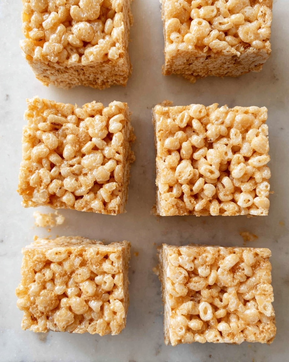 The image shows six square pieces of crispy rice treats arranged in two columns on a white marbled surface. Each treat has one visible layer made of puffed rice cereal mixed with a golden, sticky, and slightly shiny binding, giving a light brown and pale beige bumpy texture with small air pockets visible. They are evenly cut into neat squares with slightly rough edges, and the lighting highlights their glossy and textured surface. photo taken with an iphone --ar 4:5 --v 7