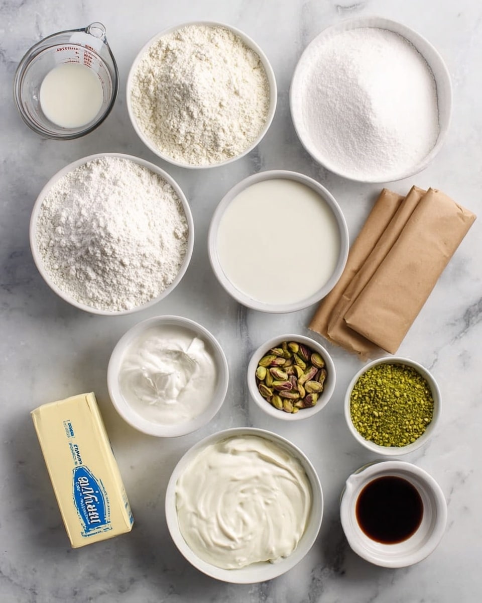 The image shows an overhead view of various baking ingredients neatly arranged on a white marbled surface. There are multiple white bowls filled with different powders, including one with flour, one with sugar, and another with powdered sugar. Two white bowls hold thick white cream. A clear glass measuring cup contains a smooth liquid, likely milk or cream. Near the center, a stick of butter with a blue label lies horizontally. Two brown paper-wrapped packages sit side by side, accompanied by a small white bowl filled with chopped pistachios and a small dark brown bowl with a dark liquid, possibly vanilla extract. Another white bowl holds crushed green pistachios. The colors range from white and cream to light brown and green, creating a clean and organized look. Photo taken with an iphone --ar 4:5 --v 7
