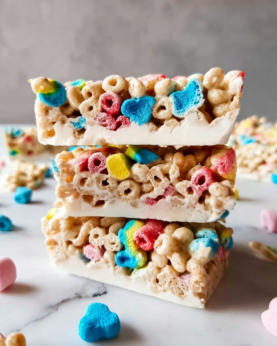 The image shows several rectangular cereal bars made with round, light brown puffed cereal mixed with colorful marshmallows in blue, pink, yellow, and purple. Each bar has two layers: a thick white bottom layer and a top layer packed with cereal and marshmallows, giving a bumpy texture. There is a small stack of three bars on the right, standing upright, showing their thickness and texture. Scattered around the bars are small pieces of the colorful marshmallows. The bars and pieces are all placed on a white marbled surface with a white textured wall in the background. Photo taken with an iphone --ar 4:5 --v 7