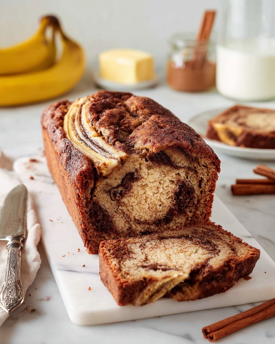 Two slices of cinnamon swirl bread with visible dark swirls and a slightly crusty top lie on a white plate with a subtle leaf pattern, placed on a white marbled surface. Above the plate, a larger loaf of the same bread with banana pieces baked on top sits on a white square board, showing textured and moist layers. To the left, there is a small glass bowl with three cubes of pale yellow butter, a glass jar of cinnamon sugar with a metal lid, and a glass bottle of milk with a yellow and white striped straw. Two silver forks rest on the surface beside a beige cloth, and three cinnamon sticks lay on the white marbled surface near the bread. Photo taken with an iphone --ar 4:5 --v 7