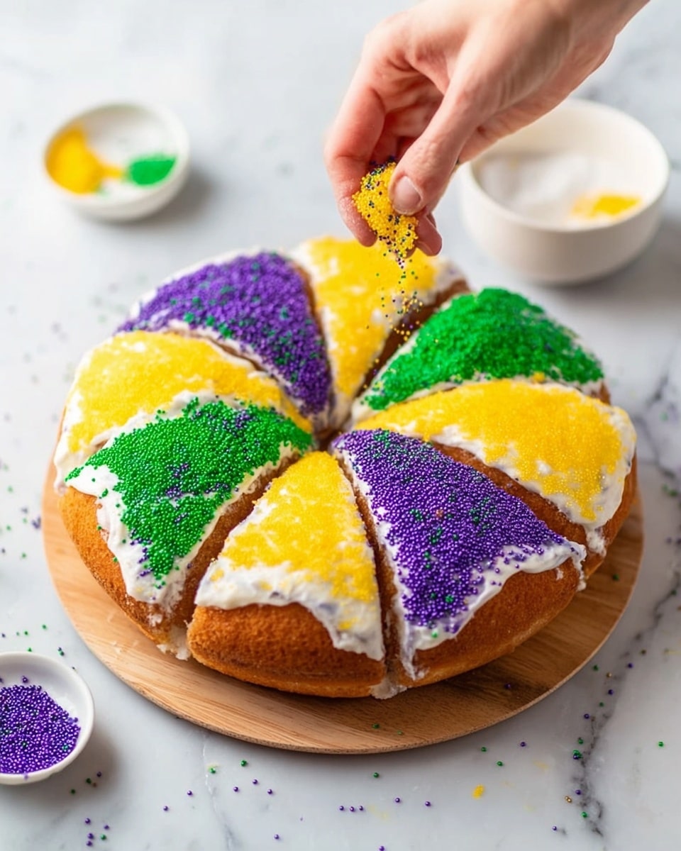 A round cake is placed on a wooden board resting on a white marbled surface. The cake has a soft, brown base with a thick white icing layer on top. The icing is covered evenly with bright colored sugar sprinkles arranged in triangular sections of purple, green, and yellow, alternating around the cake. A woman's hand is shown sprinkling the colored sugar from a small white bowl nearby, adding more yellow sugar to the cake. Scattered colored sugar pieces decorate the surrounding white marbled surface. Photo taken with an iphone --ar 4:5 --v 7