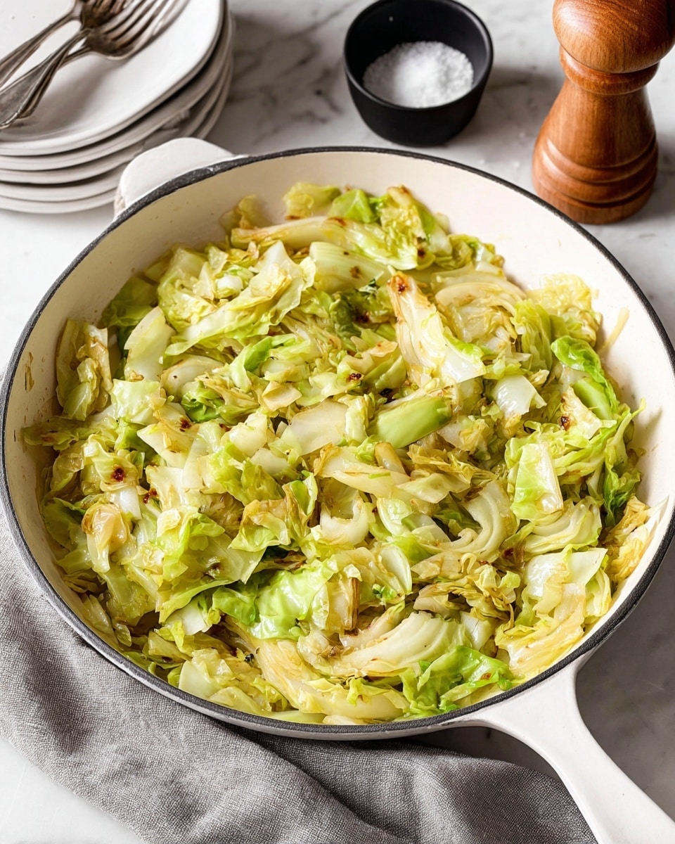 The image shows a white cast iron pan filled with cooked cabbage that has light green and pale yellow layers with some bits of light brown from cooking. The cabbage pieces are soft and slightly shiny, mixed evenly across the pan. The pan sits on a white marbled surface with a gray cloth nearby. In the background, there are stacked white plates and silver forks, and a small black bowl with salt along with a wooden pepper grinder. The overall scene looks clean and bright with a focus on the cabbage dish. photo taken with an iphone --ar 4:5 --v 7