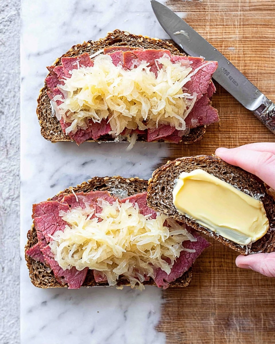 The image shows two open-faced sandwiches on a white marbled surface. Each sandwich has a base layer of dark brown rye bread, topped with thin slices of pink roast beef. On top of the beef is a generous layer of shredded pale yellow sauerkraut, slightly spilling over the sides. On the right side, a woman's hand holds a slice of the same dark brown rye bread while spreading a smooth layer of light yellow butter with a metal knife. The sandwiches and the hand are placed on a wooden board with visible grain texture in the background. The overall look is neat and fresh. photo taken with an iphone --ar 4:5 --v 7