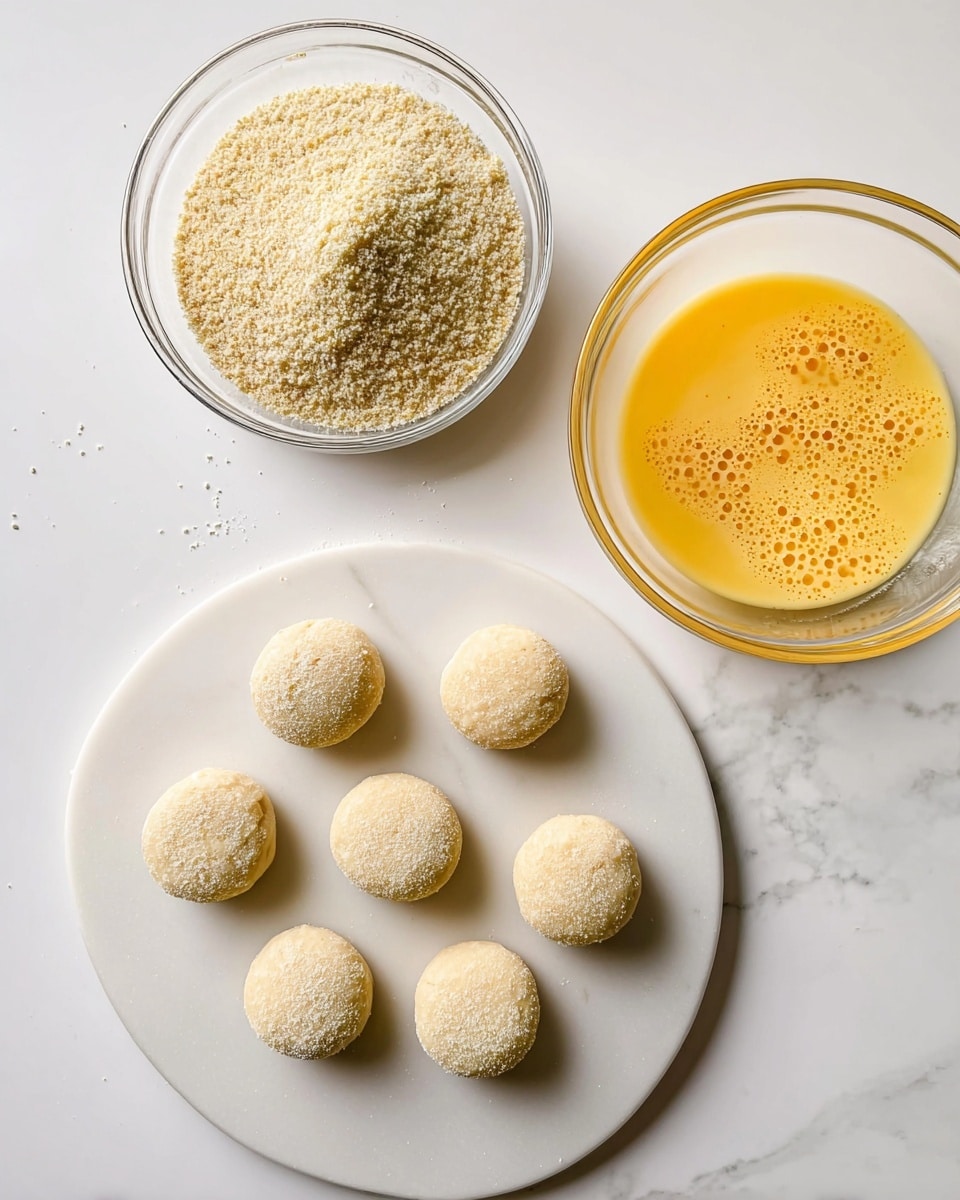 The image shows seven small, round dough pieces placed on a white circular board arranged in a scattered pattern. Above the board, slightly to the left, there is a clear glass bowl filled with light brown breadcrumbs. To the right of that bowl, there is another clear glass bowl containing beaten yellow eggs with some bubbles visible on the surface. All items are set on a white marbled surface. photo taken with an iphone --ar 4:5 --v 7