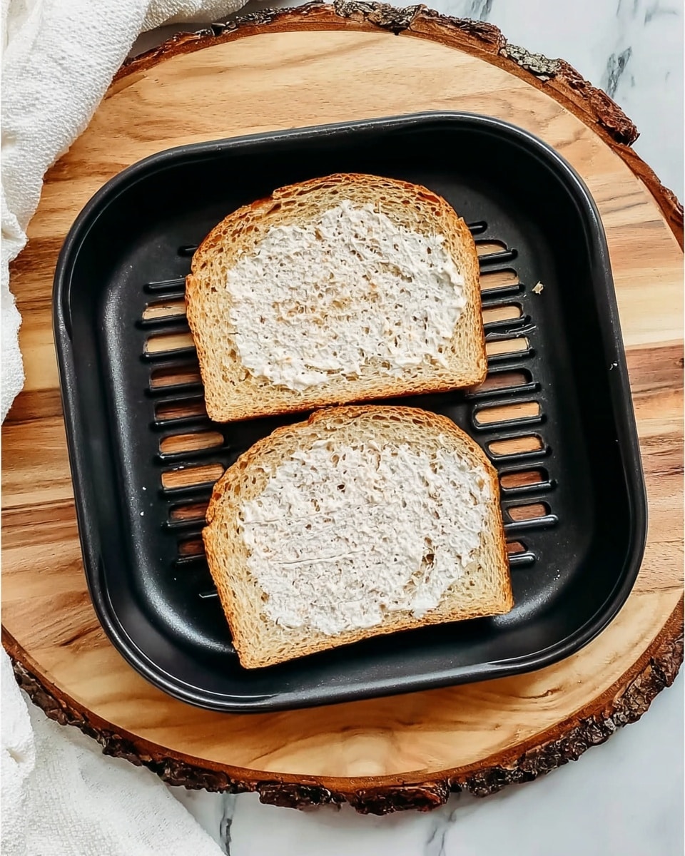 Two slices of brown bread with a light layer of white spread on top are placed side by side in a black grill pan with cut-out lines and holes. The pan is set on a round wooden board with visible wood grain and bark edges. The background shows a white marbled surface partly covered by a white cloth. photo taken with an iphone --ar 4:5 --v 7