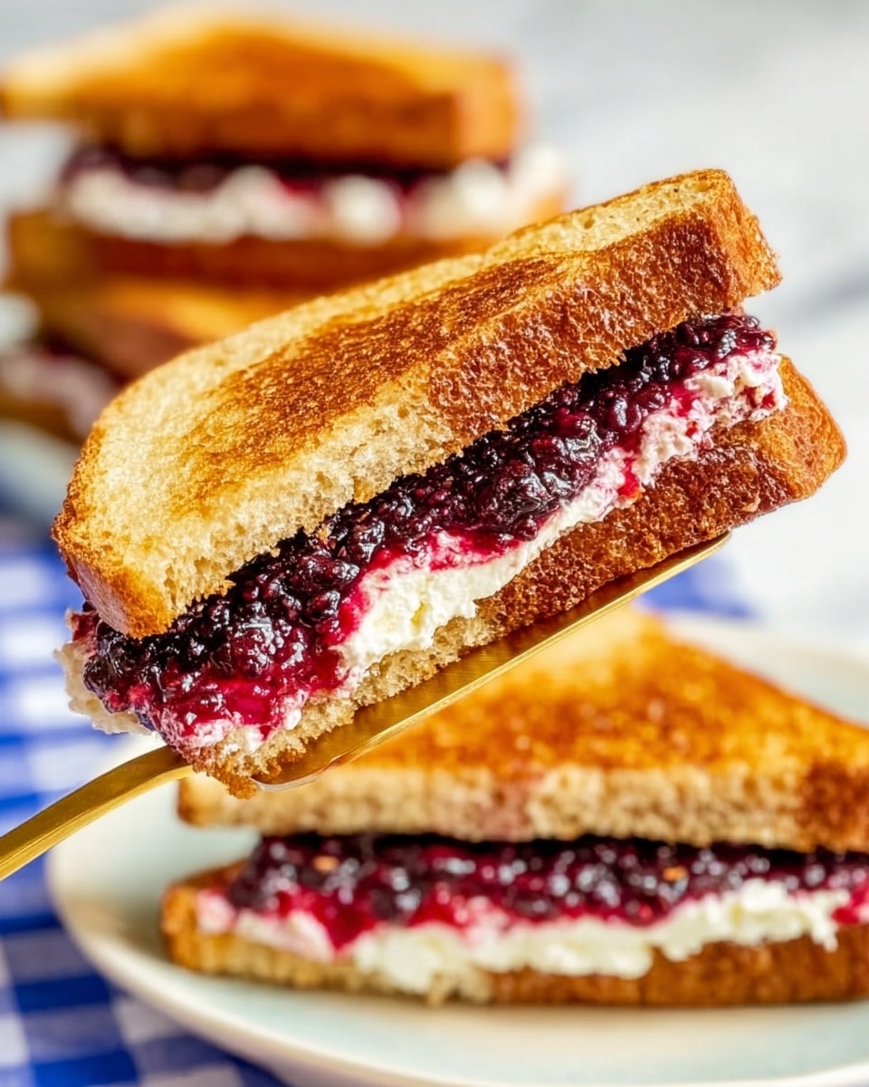 A sandwich with two toasted brown bread slices forms two layers; the bottom layer is spread with white cream cheese, the middle layer is filled with dark purple and red blackberry jam, and the top layer is the toasted bread slice with a golden-brown crisp texture. The sandwich is held by a golden utensil against a blurred background of more sandwiches on a white plate with a blue and white checkered cloth beneath. The white marbled surface is faintly visible in the background. Photo taken with an iphone --ar 4:5 --v 7