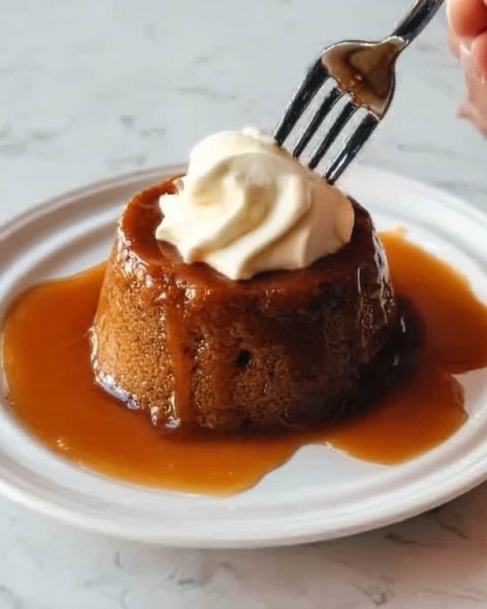 A single round brown pudding sits on a white plate with a shiny caramel sauce covering it, dripping down the sides. On top of the pudding is a swirl of light cream, soft in texture, with a woman's hand holding a fork poised near the dessert. The plate is placed on a white marbled surface, showing a clean and simple setting. Photo taken with an iphone --ar 4:5 --v 7