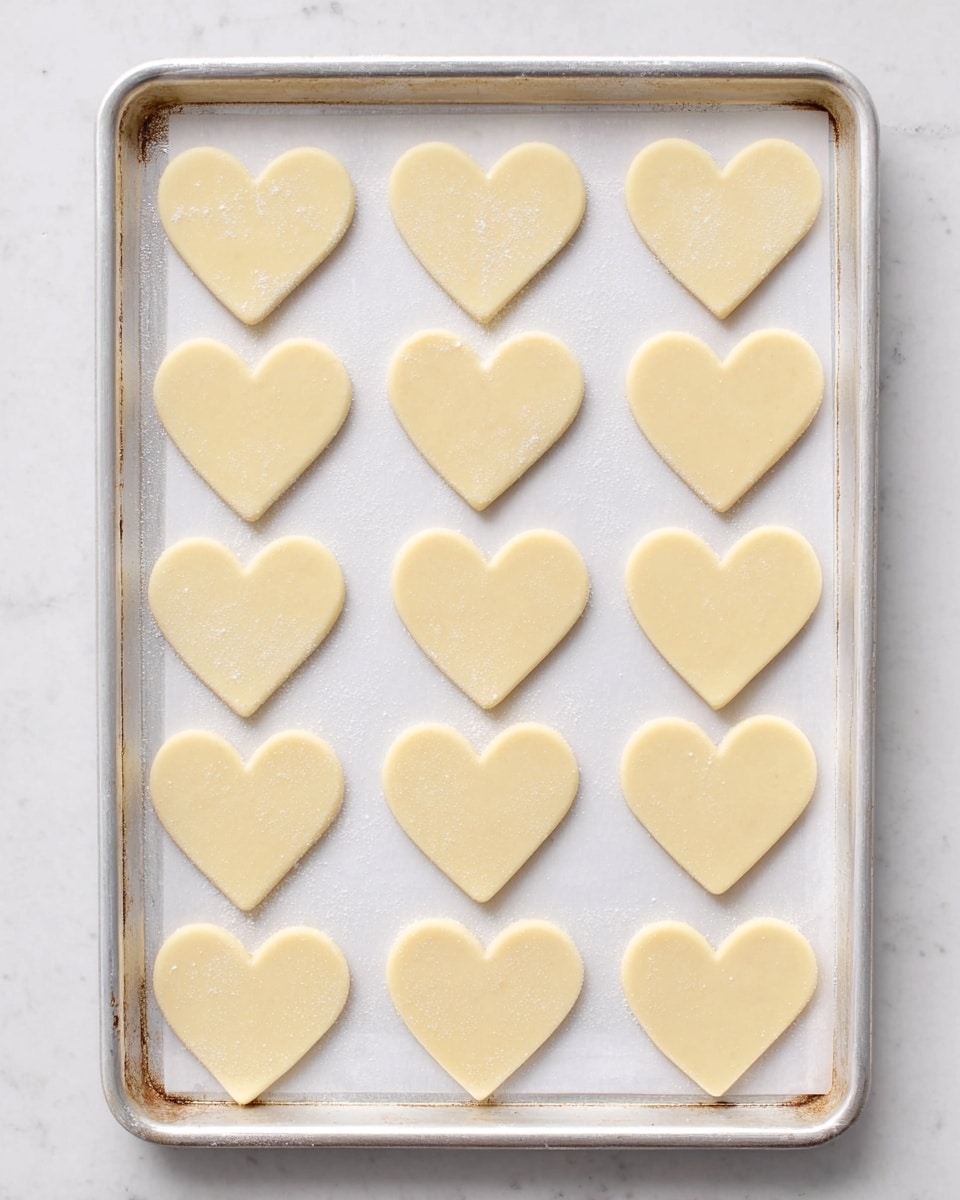 The image shows a metal baking tray lined with white parchment paper on a white marbled surface. On the parchment paper, there are three rows of pale yellow heart-shaped dough pieces, neatly spaced apart. The dough pieces are smooth and flat, with a uniform texture and light dusting of flour on some edges. The metal tray has a slightly worn, shiny edge that frames the dough hearts. photo taken with an iphone --ar 4:5 --v 7