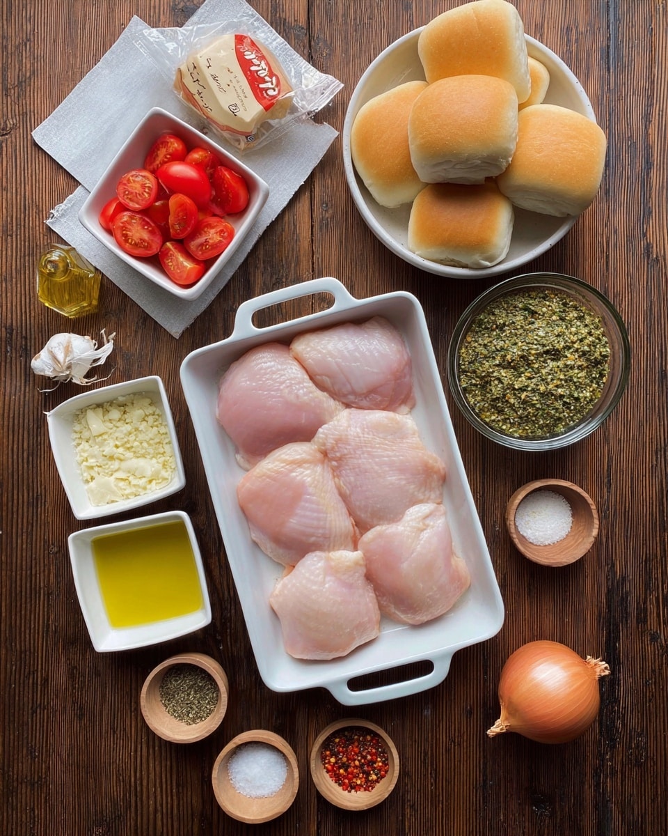 The image shows five pale pink pieces of raw chicken arranged on a white rectangular dish with handles, placed on a dark wooden table. Above the chicken, there is a white bowl filled with light golden bread rolls. Next to the rolls is a clear glass bowl containing a green herb mixture with a rough texture. To the left of the herb bowl, there is a square white bowl holding halved and whole bright red grape tomatoes. Around these bowls are small containers with various ingredients: minced garlic, a small jar of yellow olive oil, a wrapped stick of butter, two garlic cloves, a small square white dish with four different colored spices, and three small wooden bowls containing salt, black pepper, and red chili flakes. An orange shallot sits near the bottom right corner of the wooden table. The entire scene is set on a white marbled surface. photo taken with an iphone --ar 4:5 --v 7