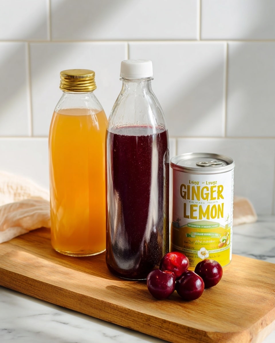 The image shows three beverage containers placed on a wooden board against a white marbled surface and a white tiled background. On the left, there is a clear glass bottle with a golden cap, filled about halfway with an orange liquid. In the center, a tall clear glass bottle with a white flip-top cap contains a dark purple liquid filled to just above the halfway point. To the right, a white tin can labeled