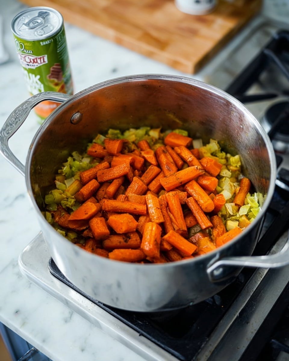 A metal pot on a stove contains two layers of cooked ingredients: the bottom layer is light green and yellow diced vegetables with a soft texture, while the top layer is bright orange roasted carrots with a slightly browned surface. The pot’s handles are visible on both sides, and beside the stove on a wooden countertop sits a can of coconut milk. The background surface is white marble. photo taken with an iphone --ar 4:5 --v 7