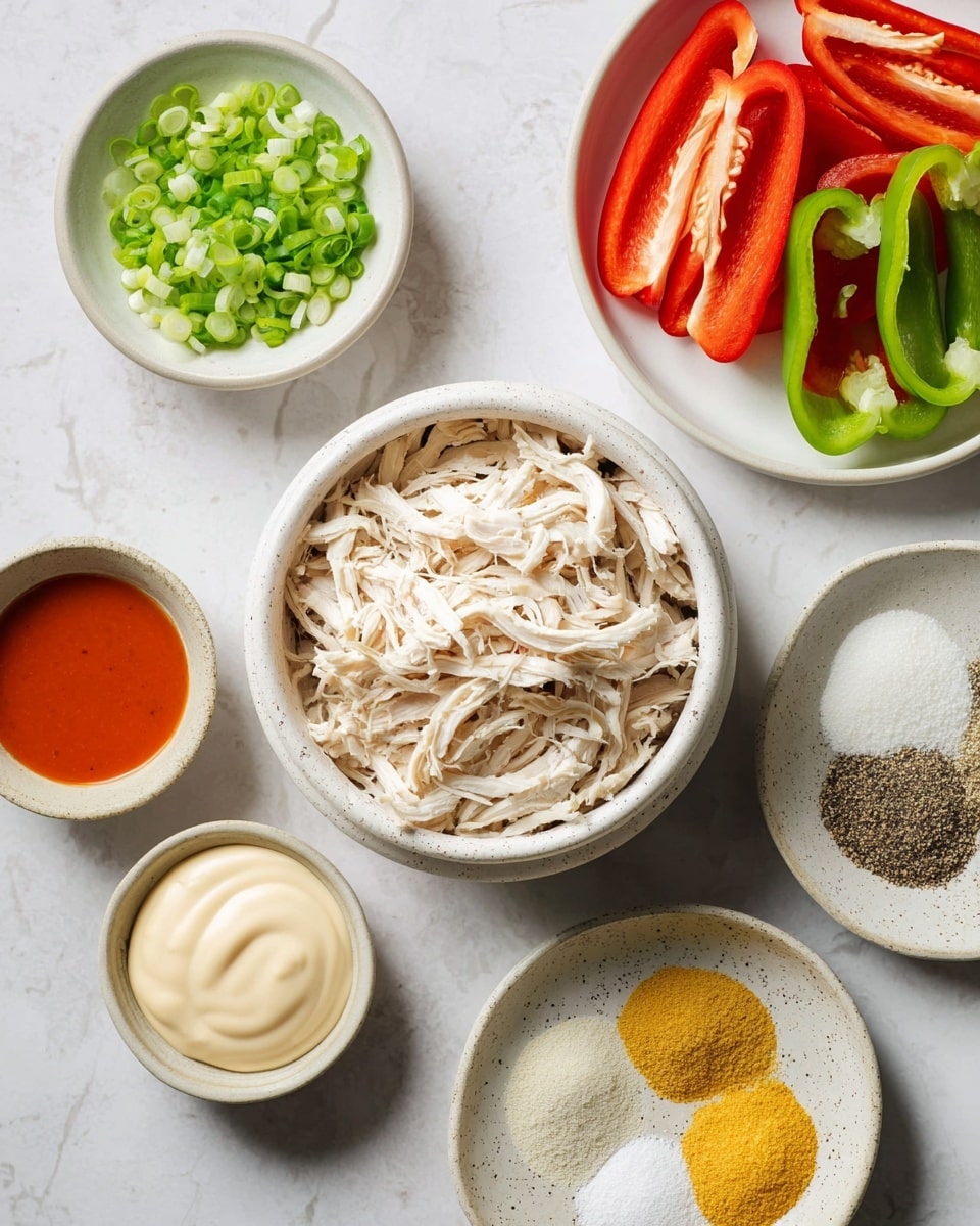 The image shows several white bowls and plates arranged on a white marbled surface, each containing different ingredients. In the center is a bowl filled with shredded white chicken with a soft texture. On the top right, there is a wide white plate holding several halves of red and green bell peppers, showing their hollow insides. At the top left, a small white plate is heaped with finely sliced bright green spring onions. Below that is a small bowl filled with a smooth reddish-orange sauce. At the bottom left is a bowl with creamy off-white mayonnaise. Next to it, a white speckled plate holds four different powders grouped separately: black pepper, white powder, light yellow powder, and another pale yellow powder. Beside this plate is a small bowl full of bright yellow powder. photo taken with an iphone --ar 4:5 --v 7