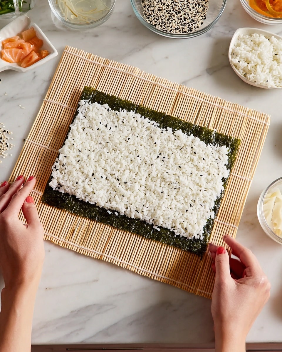 A sushi rolling mat is placed on a white marbled surface, with a woman's hands visible near the corners. On the mat, there is a rectangular sheet of dark green seaweed (nori) fully covered with a layer of white sushi rice sprinkled with small black and white sesame seeds. Around the mat are various clear or white bowls and plates holding different ingredients, but the focus is on the rice-covered seaweed on the mat. The scene is bright and clean. photo taken with an iphone --ar 4:5 --v 7