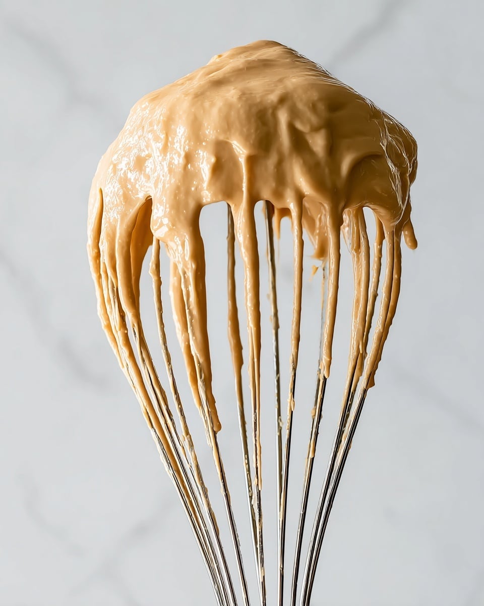 A close-up view of a shiny metal whisk holding a thick, light brown creamy mixture. The mixture covers the top and drips down the thin wires of the whisk in long, smooth strands, showing its dense and smooth texture. The background is simple with a white marbled texture, making the whisk and the mixture stand out clearly. photo taken with an iphone --ar 4:5 --v 7