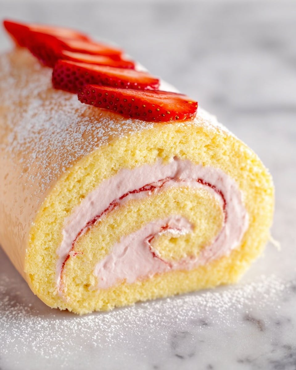 A close-up view of a rolled yellow sponge cake with two visible layers: a soft, pale yellow outer cake layer and a thick, creamy, light pink filling swirled inside. The cake roll is topped with thin, bright red slices of strawberries arranged in a loose row along the top edge. The cake is resting on a white marbled surface lightly dusted with powdered sugar, adding a soft white texture around the base of the cake. photo taken with an iphone --ar 4:5 --v 7