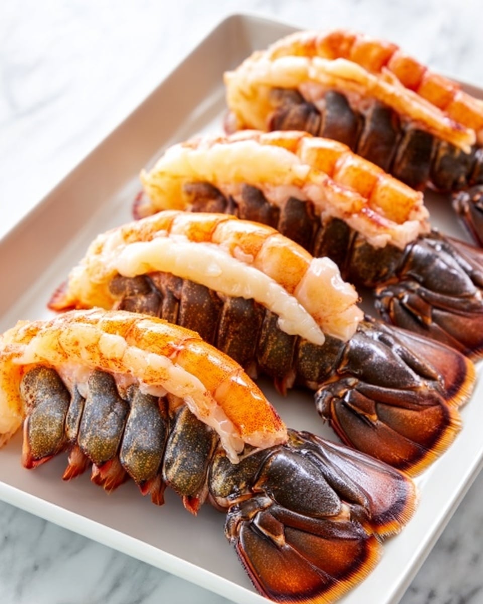 The image shows four lobster tails arranged in a row on a white plate, placed on a white marbled surface. Each lobster tail displays layers of orange-brown shells at the back with smooth, creamy white and slightly translucent meat on top, showing slight grill marks and a glossy texture. The shells have a segmented pattern with darker stripes near their ends. The meat layers are thick, plump, and slightly curved, giving a fresh and juicy appearance. Photo taken with an iphone --ar 4:5 --v 7