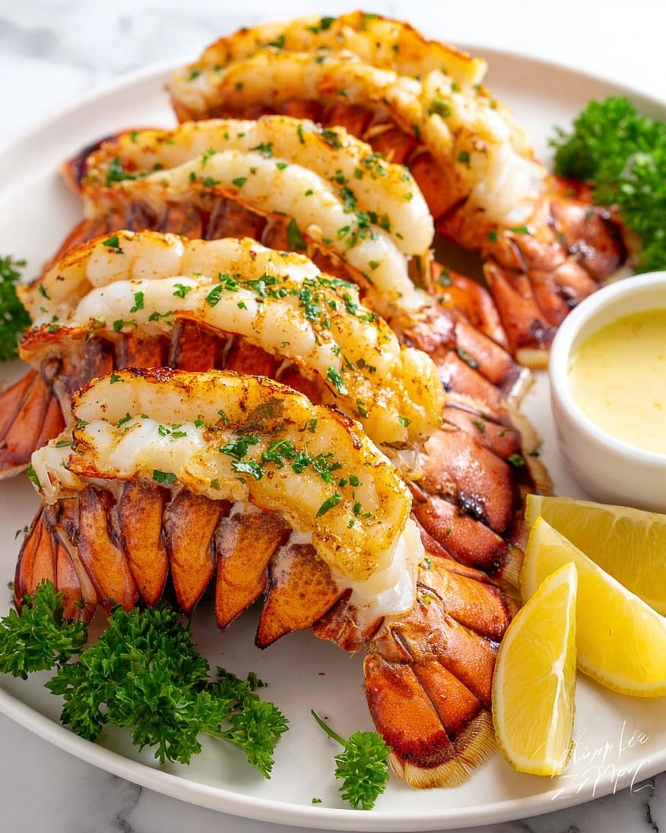 The image shows four lobster tails placed side by side on a white oval plate, each with a bright orange shell and white, flaky meat sprinkled with green herbs on top. There are fresh green parsley sprigs scattered around the lobster tails and yellow lemon wedges placed on the left and bottom edges of the plate. A small white round bowl filled with melted butter sits near the top center of the plate. The plate is set on a white marbled surface. photo taken with an iphone --ar 4:5 --v 7