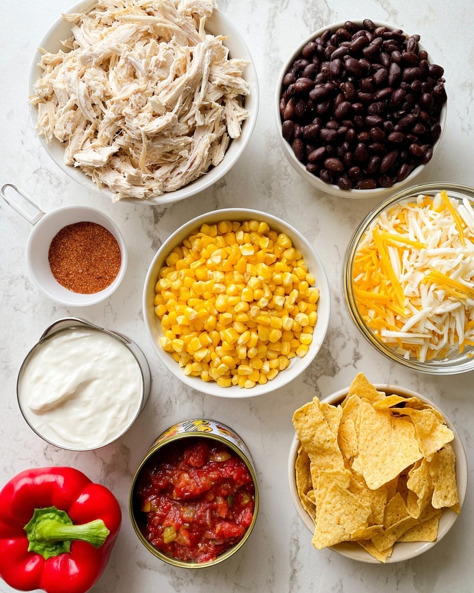 The image shows eight separate items arranged neatly on a white marbled surface. On the top left, a white bowl holds shredded cooked chicken that is pale and fibrous. To the right, a white bowl is filled with small, shiny black beans. Below the beans, a clear glass bowl contains shredded yellow and white cheese with fine, soft strips. At the center, a white bowl is filled with bright yellow corn kernels. To the right of the corn, an open can shows diced tomatoes mixed with spices in red sauce. On the lower right, a white bowl is full of broken yellow corn chips, providing a crunchy texture. Below the chicken bowl, a metal scoop contains a smooth, white creamy substance resembling sour cream. Near the bottom left, a small white dish contains reddish-brown spice powder with a fine texture. A bright red bell pepper sits at the bottom center, smooth and shiny with a green stem. All these items are on a white marbled surface, photo taken with an iphone --ar 4:5 --v 7