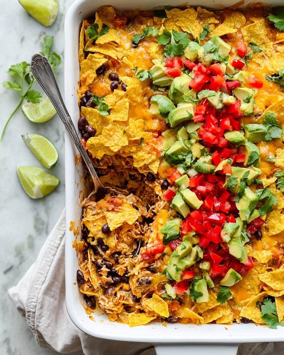 A white casserole dish filled with a layered bake where the bottom layer shows a mix of cooked corn, black beans, tomatoes, and shredded chicken, all covered by a thick layer of melted yellow cheese mixed with broken crunchy chips. The top is garnished with fresh green cilantro leaves, diced bright red tomatoes, and chunks of green avocado. A metal spoon scoops out a portion from the corner, revealing the colorful mix inside, on a white marbled surface. Photo taken with an iphone --ar 4:5 --v 7