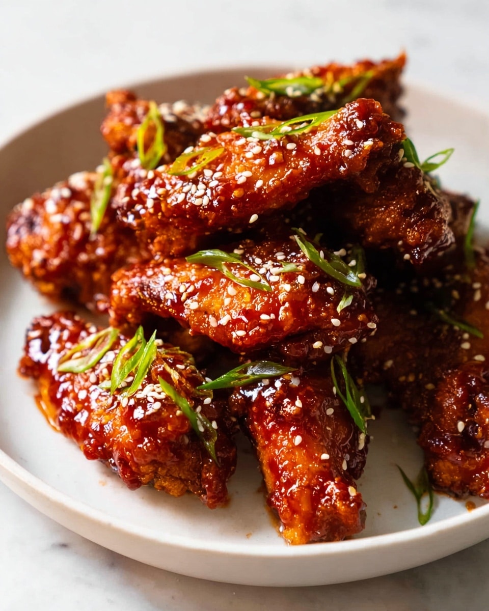 A white plate holds a pile of bright red-orange chicken wings covered in a shiny, thick sauce. The wings are arranged closely, showing a rough, crispy texture under the sauce. Small white sesame seeds are sprinkled over the wings, adding tiny dots of light beige color. Thin slices of green onions are scattered on and around the wings, bringing a fresh green contrast. The plate rests on a white marbled surface, making the warm colors of the wings stand out vividly. photo taken with an iphone --ar 4:5 --v 7