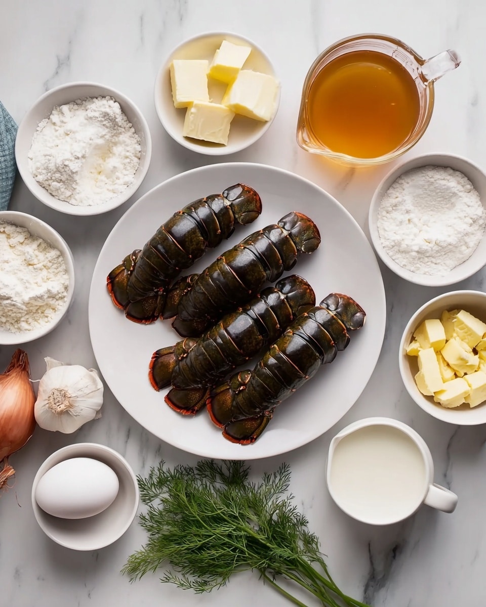 The image shows a white plate in the center holding five dark brown lobster tails with a slightly shiny texture. Around the plate, there are several small white bowls with different ingredients: some hold white flour, a pale yellow pat of butter, a small pile of salt, yellow butter chunks, white powdered substance, a full white egg, and a milky liquid. Near the plate, there are two small shallots, two garlic cloves, a small bunch of fresh green herbs, and a white measuring cup with an amber liquid inside. The surface underneath everything is a white marbled texture. photo taken with an iphone --ar 4:5 --v 7